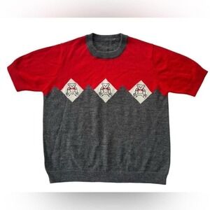 Women's Argyle Bear Wool‎ Red Lightweight Short Sleeve Sweater Sm Y2K Kidcore